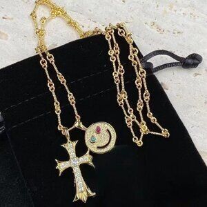 Chrome Hearts Gold Smiley and Cross Necklace